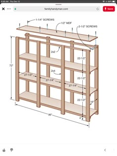 a wooden bookcase with measurements for the shelves