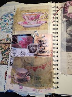 an open book with pictures and other items on the pages, including teacups