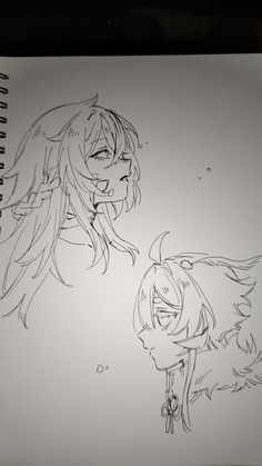 a drawing of two anime characters next to each other on a piece of white paper