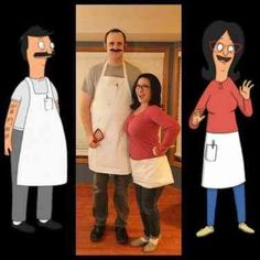 three cartoon characters are standing in front of each other and one is wearing an apron