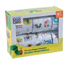 the very hungry caterpillar sticker assortment is in its cardboard box with four rolls