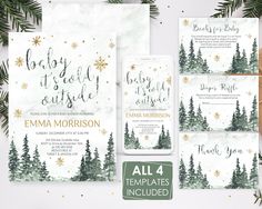 this is an image of christmas wedding stationery with pine trees and snowflakes