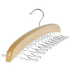 a wooden hanger with metal clips attached to it