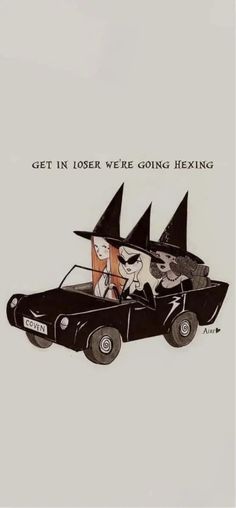 an old car with three witches on the roof and one witch in the passenger seat