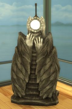 a statue with hands reaching up to a clock on it's face in front of a window