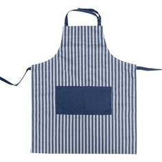 a blue and white striped apron with a pocket on the front that has a navy stripe design