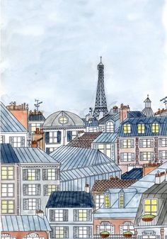 a drawing of the eiffel tower in paris, france with rooftops and windows