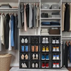 an organized closet with clothes and shoes