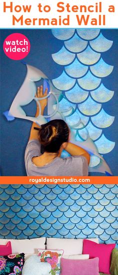 a woman sitting on top of a couch next to a mermaid wall mural with the words how to stencil a mermaid wall