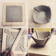 four pictures showing how to make a grate for an egg basket with holes in it