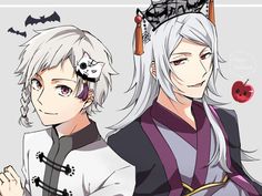 two anime characters one with white hair and the other with grey hair, both dressed in traditional japanese clothing