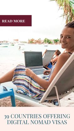 a woman sitting in a beach chair on top of a laptop computer