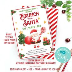 a christmas party flyer with santa holding a lollipop in his hand and candy bar on the side