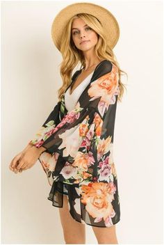 PRODUCT DESCRIPTION:-Lightweight floral chiffon kimono-Wide bell sleeves and a floral design-100% Poly, Woven-Made in USA Black Floral Kimono, Black Leather Leggings, Chiffon Kimono, Plus Size Romper, Women Outerwear, Fringe Sweater, Floral Kimono, Asymmetrical Tops, Floral Chiffon