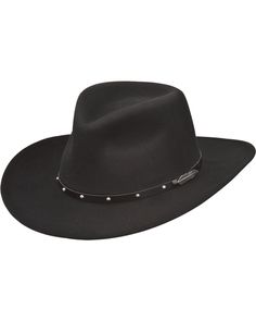 Black Creek Men's Feather Concho Western Hat , Black Winter Leather Felt Hat For Western-themed Events, Western Style Fedora For Winter Outdoor, Leather Winter Hat With Flat Bill, Western Style Wide Brim Winter Hat, Western Wide Brim Hat For Winter, Wool Felt Hat For Rodeo In Winter, Western Wool Hat Bands For Outdoor, Western Wool Hat With Flat Bill, Western Style Winter Hat With Flat Bill