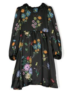 black/multicolour silk all-over floral print ruffle collar long sleeves elasticated cuffs Spring Dresses With Floral Print And Bishop Sleeves, Spring Floral Print Dress With Bishop Sleeves, Spring Bishop Sleeve Dress With Floral Print, Black Long Sleeve Dresses With Elastic Sleeves, Black Dresses With Elastic Sleeves For Fall, Multicolor Floral Print Long Sleeve Dress, Multicolor Long Sleeve Floral Dress For Fall, Multicolor Floral Print Long Sleeve Dress For Fall, Black Floral Print Dress For Fall