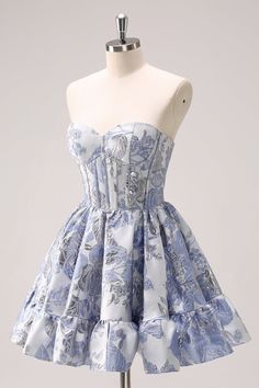 Fluffy Blue Corset Strapless Floral Short Homecoming Dress Short Floral Hoco Dresses, Royal Blue Grad Dresses Short, Vintage Style Hoco Dress, Periwinkle Dress Formal Short, Winter Wonderland Homecoming Dress, Ethereal Hoco Dress, Blue Short Dress Formal, Hoco Dresses For Blondes, A Line Hoco Dresses