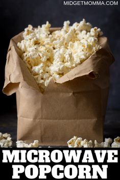 microwave popcorn in a brown paper bag with the words microwave popcorn on it and an image of