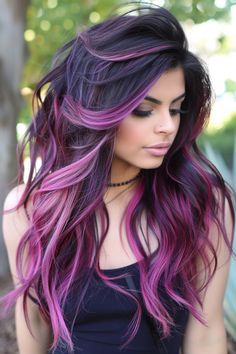 Long Hair With Purple Highlights, Hair Color Ideas With Money Pieces, Amazing Hair Color, Different Shades Of Purple Hair, Black With Purple Highlights, Purple Pink Ombre Hair, Crazy Hair Dye, Cool Purple Hair