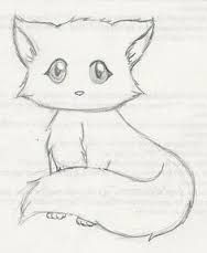 a drawing of a fox sitting on top of a piece of paper with the tail curled up