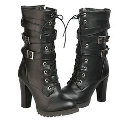 PRICES MAY VARY. [Measurement]: The mid calf combat boots for women heel measures 3.54"/ 9cm ; shaft height 8.66"/ 22cm ; top opening circumference 11.02"/ 28cm. [Fashion Design]: These goth/punk combat boots women are designed with a buckle strappy style,a chunky high heel, and a rubber sole. [Easy To Put On And Off]:These goth platform boots feature a buckle strappy for easy on-and-off. [Matching]: You can wear goth boots for women all year.match them with your dresses or jeans. [Occasion]: Th Punk Combat Boots, Emo Boots, Combat Boots For Women, Goth Platform Boots, Heel Combat Boots, Boots With Buckles, Calf High Boots, Goth Boots, Gothic Boots