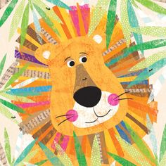 the lion is surrounded by colorful leaves and has his face painted orange, green, blue, yellow