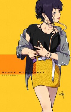 an anime character holding a handbag with the words happy birthday written in front of her