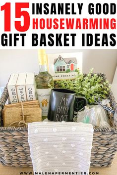 a basket filled with gifts and wine on top of a table