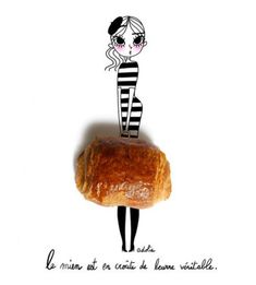 a woman is standing on top of a croissant