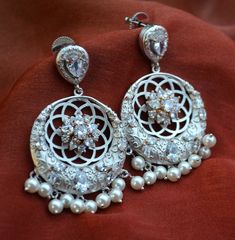 Inaya Cz Studded Flower Chandbali Earring Silver Earrings Cocktail Earrings, Junk Jewelry, Contemporary Earrings, Chandbali Earrings, Jewelry Indian, Cz Jewelry, Cubic Zirconia Earrings, Wedding Jewelry Earrings, Bohemian Earrings