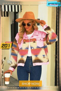 Women's Aztec Lapel Loose Stitching Jacket Pink Patchwork Outerwear For Fall, Western Denim Jacket, Patchwork Denim Jacket, Lantern Sleeve Sweater, Collared Jacket, Retro Western, Sleeveless Long Dress, Beach Maxi Dress, Daily Style