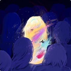 a painting of a woman with blonde hair and blue eyes looking at the stars in the sky