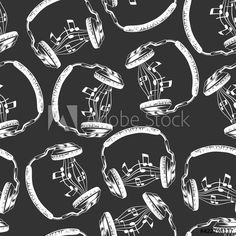 seamless pattern with headphones and musical notes on black background for wallpaper or fabric