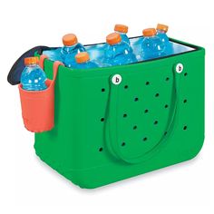 a green cooler with six bottles in it and two orange plastic cups on the side