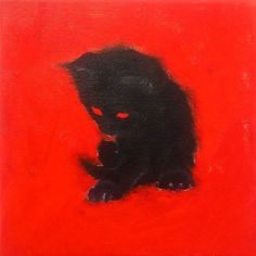 a painting of a black cat with red eyes on a red background, sitting down