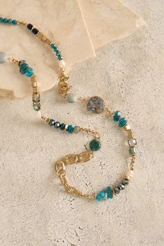 A must-have for your jewellery box, the Eva Stone Necklace features Aqua tones in sparkling shapes. A beautiful layering piece that can be doubled over, this necklace features a range of multi beads and freshwater pearls on a gold link chain. Gold Link Chain, Gold Link, Beaded Jewelry Diy, Jewelry Diy, Stone Necklace, Jewelry Ideas, Link Chain, Gold Chain, Gold Chains