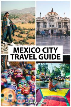 mexico city travel guide with images of colorful buildings and people in the background, including a woman