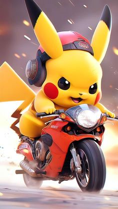 pikachu riding on the back of a red motorcycle