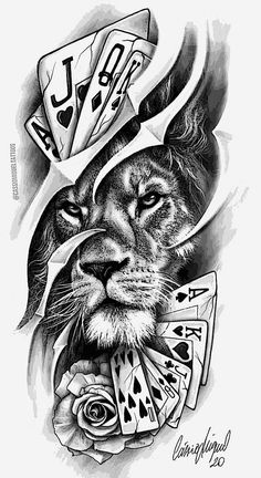 a drawing of a lion with playing cards on his head