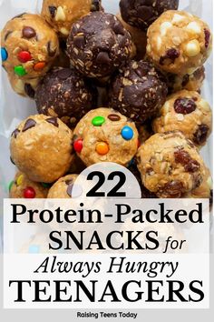 some snacks are in a plastic bag with the words 22 protein - packed snacks for always hungry teenagers