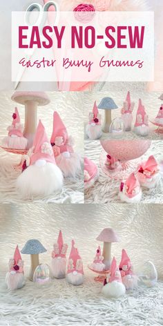 the instructions for how to make miniature pink gnomes and mushroom houses with tulle skirts