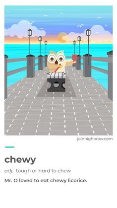 an owl is sitting on the end of a pier and pointing at something in front of him