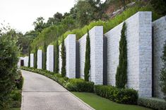 a stone wall with green plants growing on it next to a paved path in the middle of a park