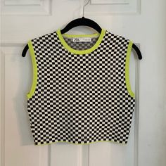 Black And White Checkered Zara Brand Crop Top With Neon Green Accents Around The Sleeves Size Small New Without Tags But Never Worn Outside Of Trying On Zara Brand, Green Accents, Sleeveless Crop Top, Zara Tops, Neon Green, White And Black, Crop Top, Zara, Neon