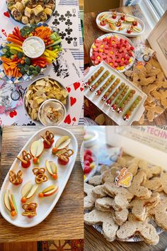 a table filled with lots of food and snacks on top of each other, including crackers