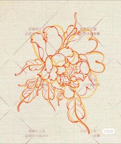 an orange and white drawing of flowers on a light colored linen textured fabric background