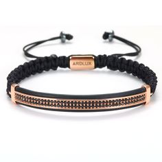 Fully adjustable bracelet. One size fits all. Finished with 18kt rose gold & AAA black CZ. Our traditional ‘ARDLUX’ logo is laser engraved. Designed in New York. Comes with a velvet “ARDLUX” pouch. Adjustable Rose Gold Rectangular Jewelry, Adjustable Rectangular Rose Gold Jewelry, Luxury Adjustable Cord Jewelry As Gift, Luxury Adjustable Rose Gold Bracelets, Black Minimalist Jewelry With Adjustable Clasp, Minimalist Black Jewelry With Adjustable Clasp, Everyday Black Jewelry With Adjustable Band, Everyday Black Jewelry With Adjustable Clasp, Luxury Adjustable Black Jewelry