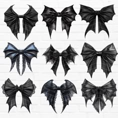 six different types of black bows on a white brick wall