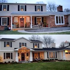 before and after pictures of a house with christmas lights on the front porch, and in the back yard