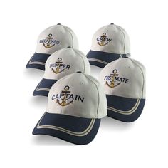 "Hats are sold individually. A Captain, a Skipper, a First Mate, a Deckhand, or a Crew title design on a star anchor embroidered on a beige and navy blue adjustable structured classic baseball cap. This hat details fit well with the nautical lifestyle. It is a sturdy and comfy hat and a winning candidate for everyday wear as well as for making a fashion statement on, or off the boat. A great gift idea for the boating enthusiast or for a special member of your crew. 100% premium brushed cotton tw Navy Blue And Beige, Captain Cap, Boat Name, Nautical Star, Mens Hats Baseball, Gifts For Sailors, Beige Hat, Antique Silver Rings, Cap Mens